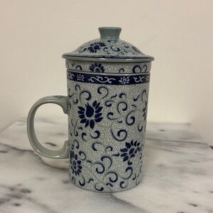 Floral Blue and Gray Ceramic Mug with Lid